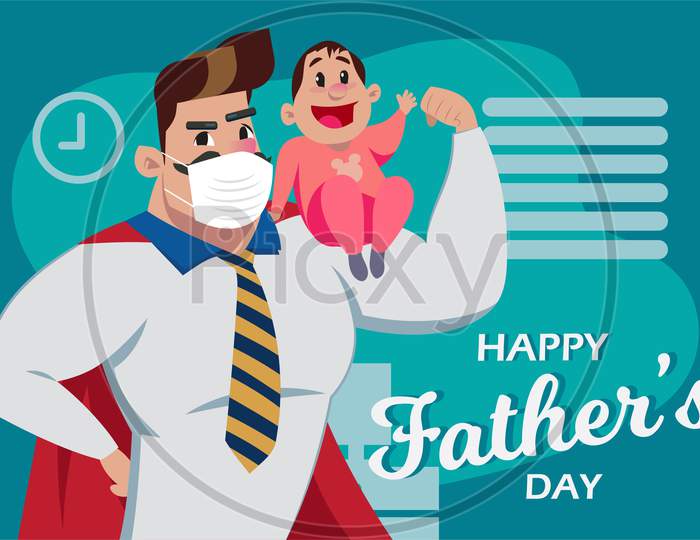 Happy Father'S Day, Superhero Dad And Son With Medical Mask During Coronavirus Pandemic Illustration Vector