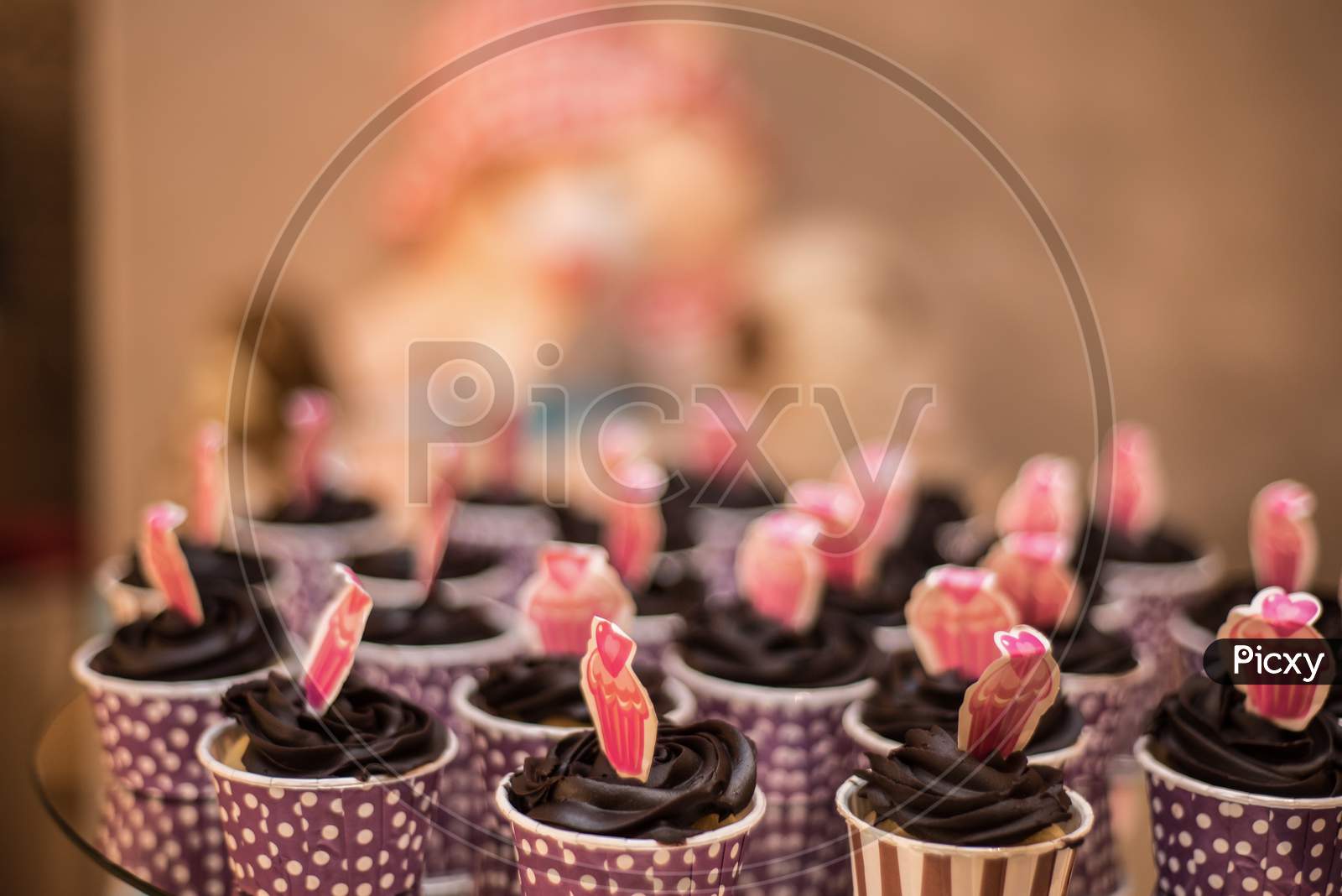 Close view at tasty chocolate cup cakes over wooden background