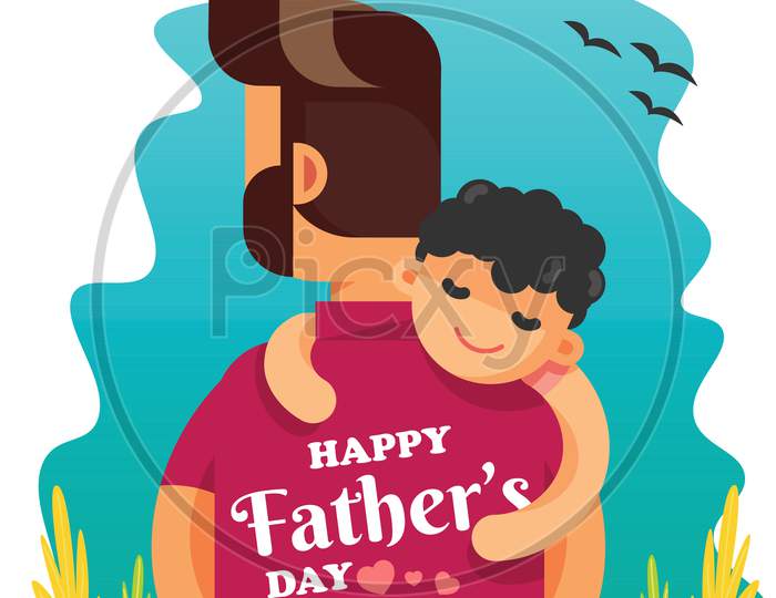 Happy Fathers Day, Scenery With Kid On Dad'S Shoulder Illustration Poster, Vector