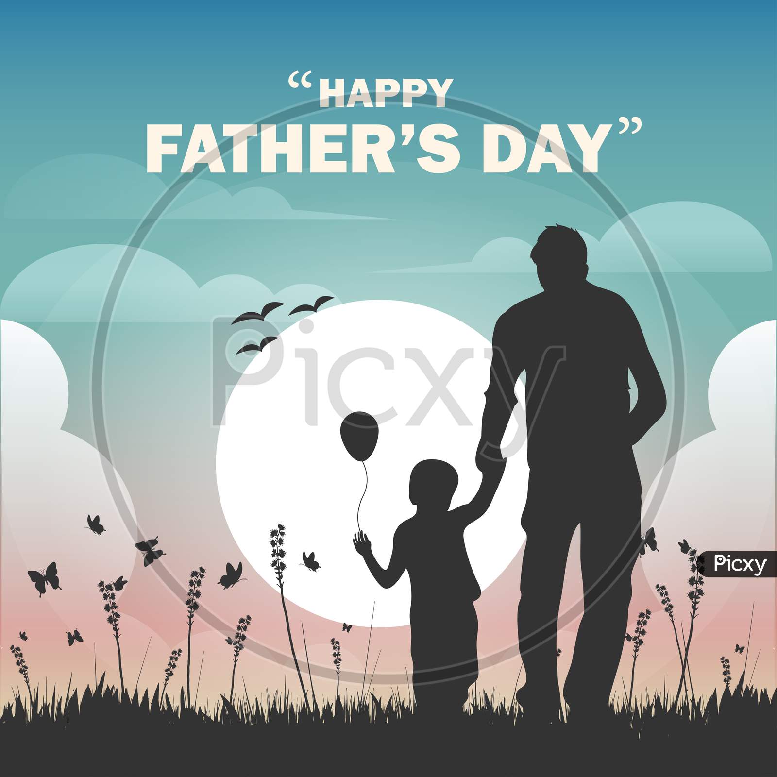Happy Father'S Day, Dad And Son Beautiful Silhouette Sunset Scene Poster, Vector Illustration