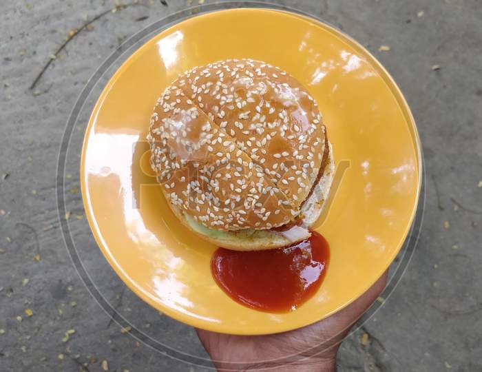Burger with tomato ketchup