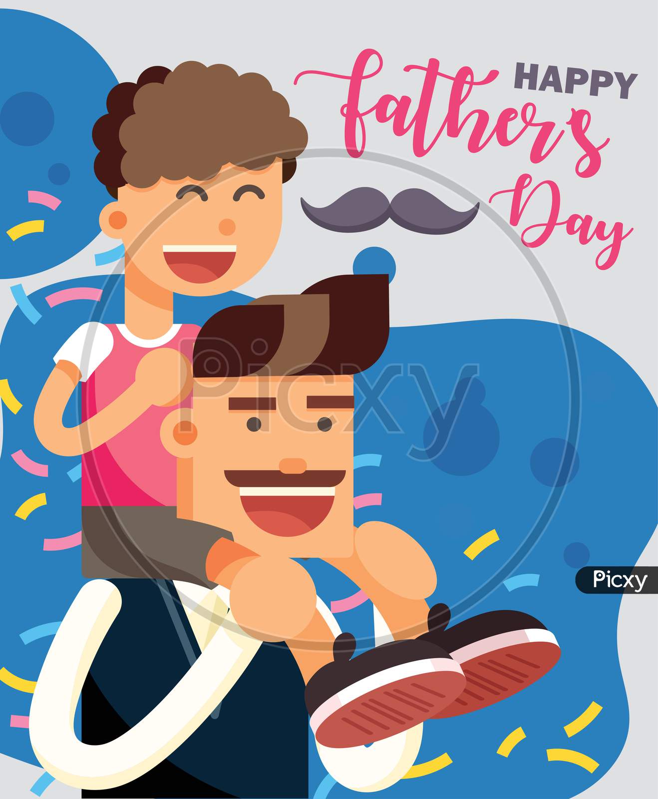 Happy Fathers Day Party Poster, Son On Dad'S Shoulders Illustration Vector