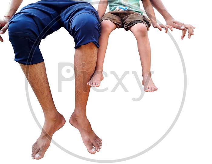 Father And Daughter Sitting And Hanging Feet Outdoor Isolated Image