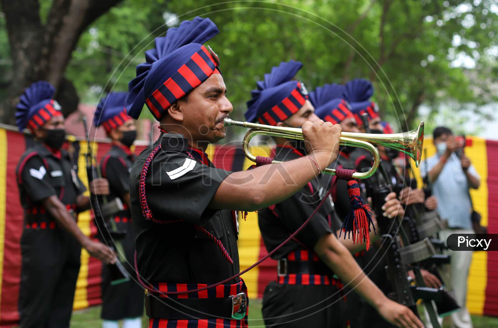 Indian Army Jawans paying official rites at the funeral of  N K Deepak Singh, An Indian Soldier Who Was Killed In A Border Clash With Chinese Troops In Ladakh Region, At Military Hospital In Prayagraj, June 19, 2020.