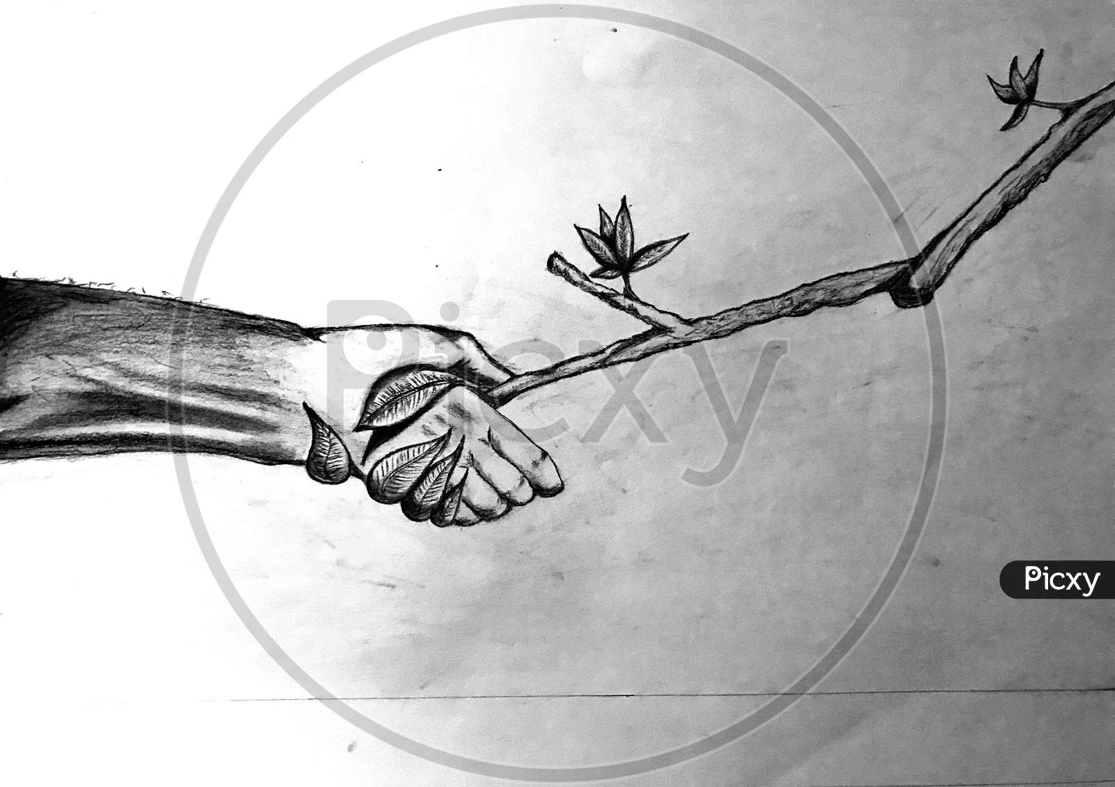 world nature day poster demonstrating a handshake between a human and a tree, showing connection between human and environment