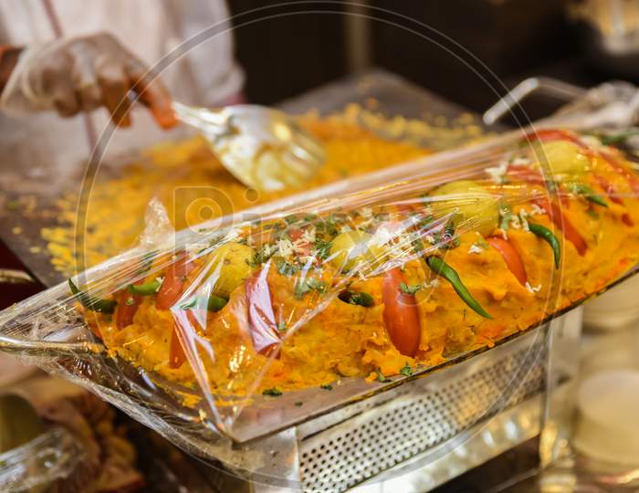 Ghoogni served in Indian wedding event in India