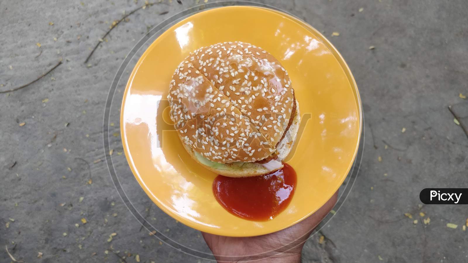 Burger with tomato ketchup
