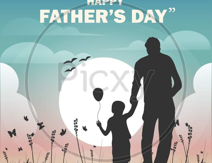 Happy Father'S Day, Dad And Son Beautiful Silhouette Sunset Scene Poster, Vector Illustration