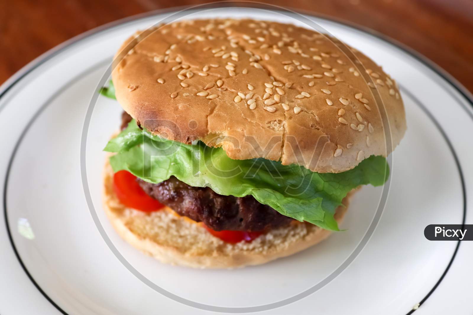 Homemade making of a grilled burger with tomatoes and salad on a plate.