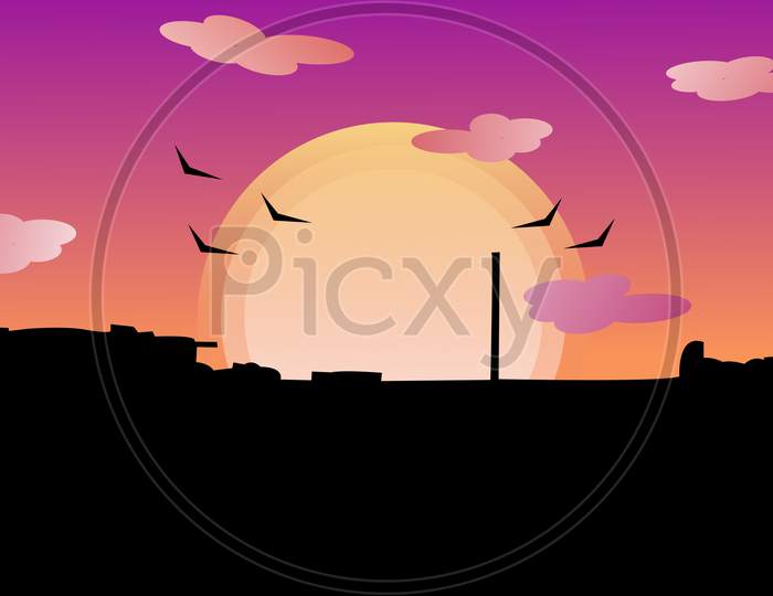 illustration graphic of morning view with the sun coming behind the building and birds flying in the sky with cloudy sky.