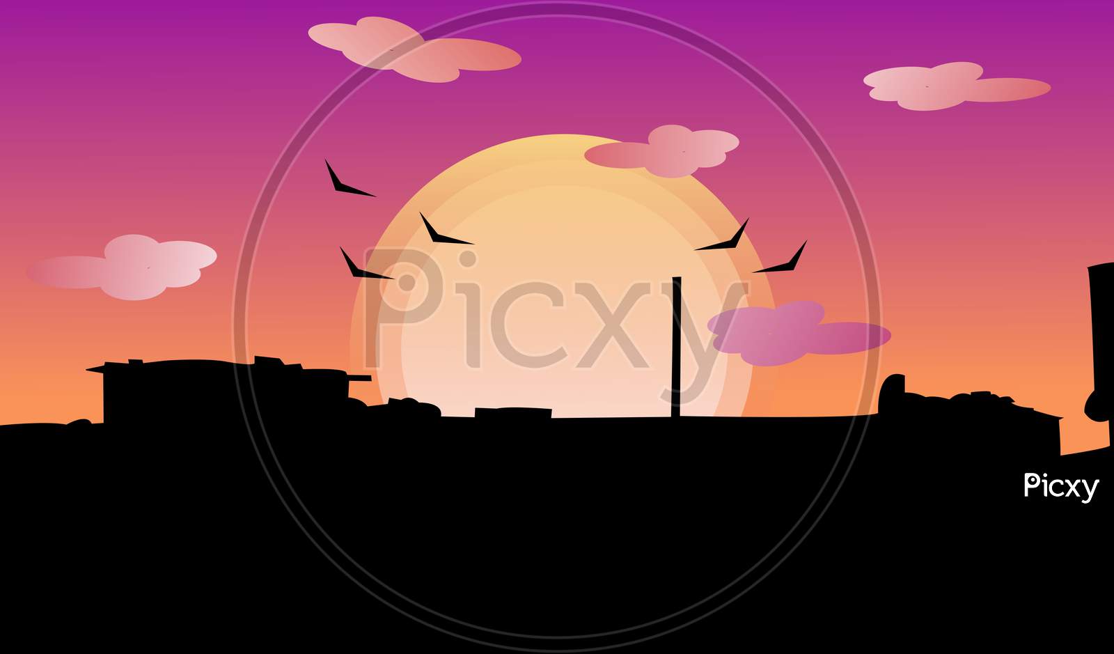 illustration graphic of morning view with the sun coming behind the building and birds flying in the sky with cloudy sky.