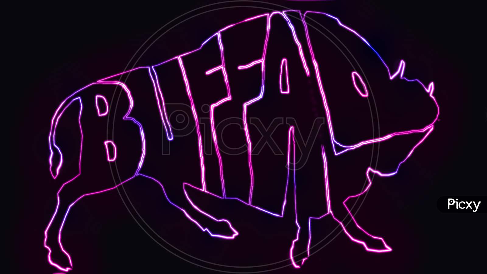 The text BUFFALO written in the shape of buffalo with neon light effect. animal text outline with neon light effect.