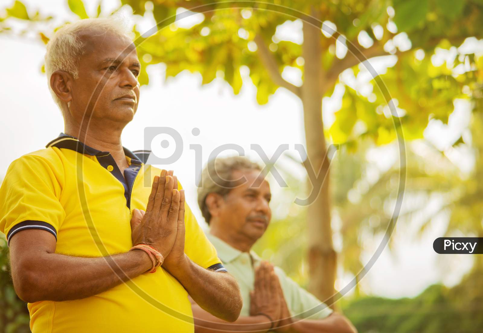 Selective Focus On Hands Elderly Men Practising Simple Yoga - Fitness, Sport, Yoga And Healthy Lifestyle Concept - Two Senior Men With Namaste Posture At Park Outdoor.