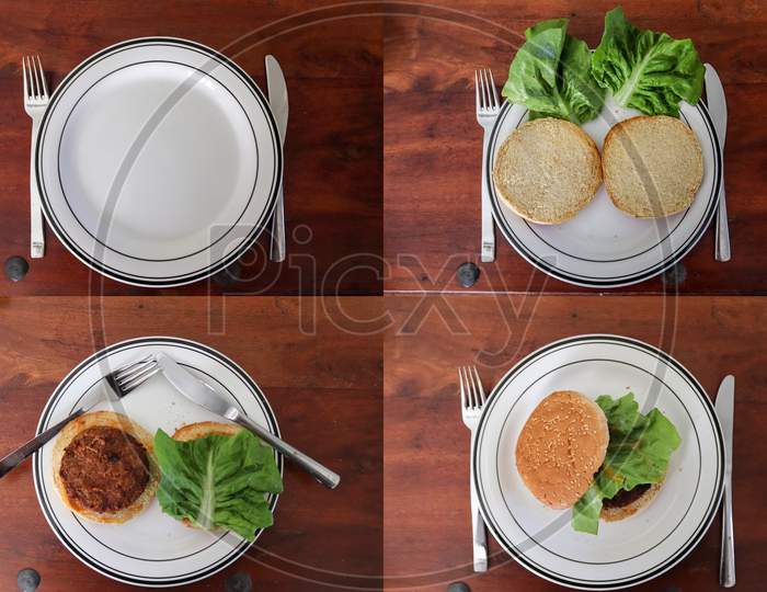 Timeline composing of homemade cooking of a grilled burger with tomatoes and salad on a plate