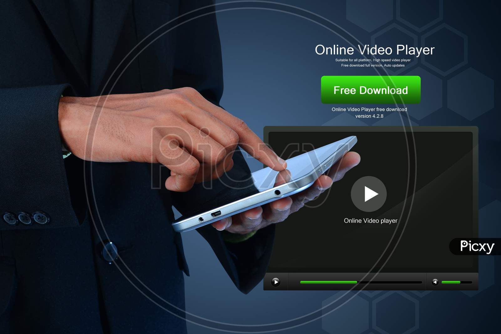 Close up shot of Person's Hand using a tablet or iPad with Online Video Player in the background