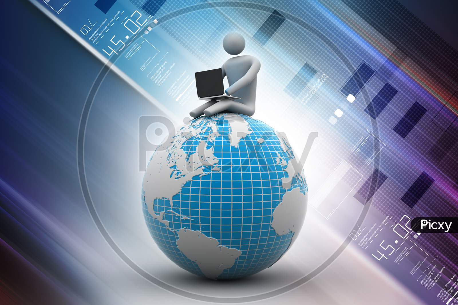 A 3D Man using Laptop by sitting on a Globe