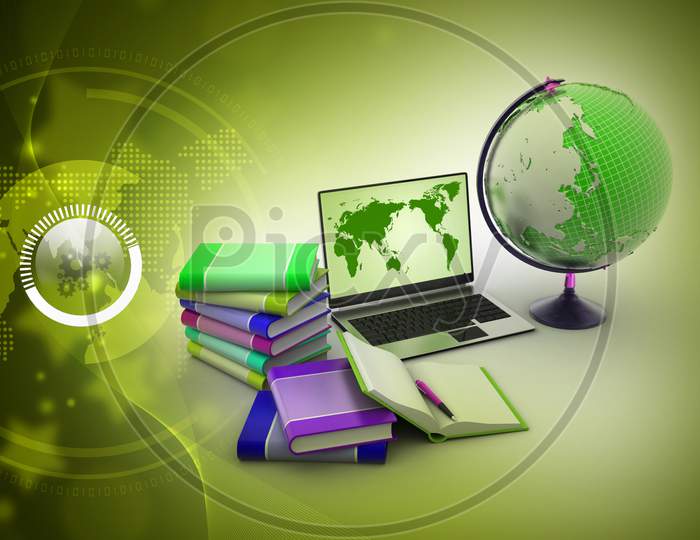 A Laptop with Globe and set of Books