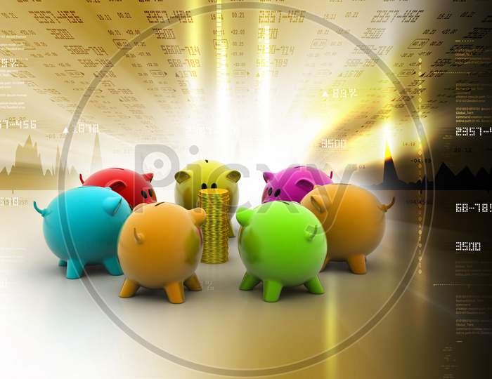 Different Colour Piggy Banks With Gold Coin