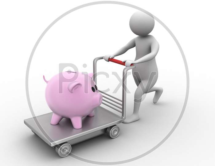 3d man with a shopping trolley and pink piggy