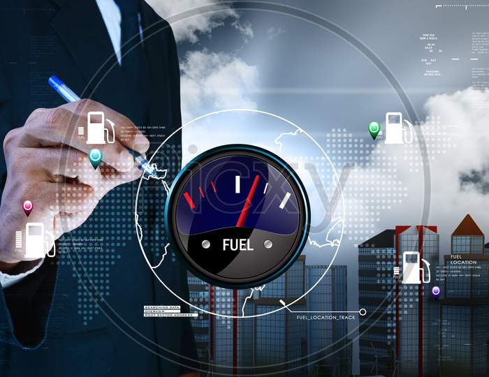 Man Showing Fuel Meter In Color Background