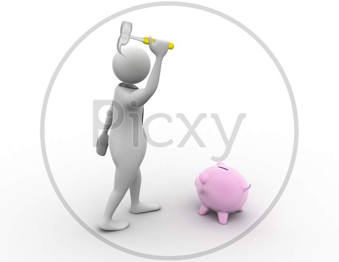 business person and piggy bank with a hammer