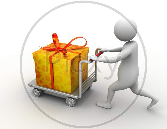 3d man pushing a gift box in the cart