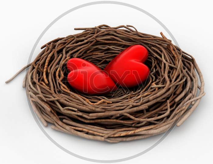 Two Red Heart In A Bird Nest