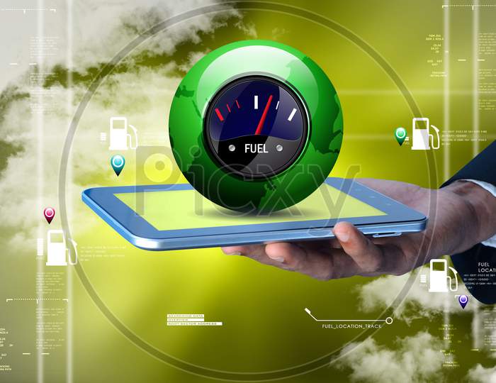 Close up shot of a Person holding a Tablet with a Fuel Indicator on Screen