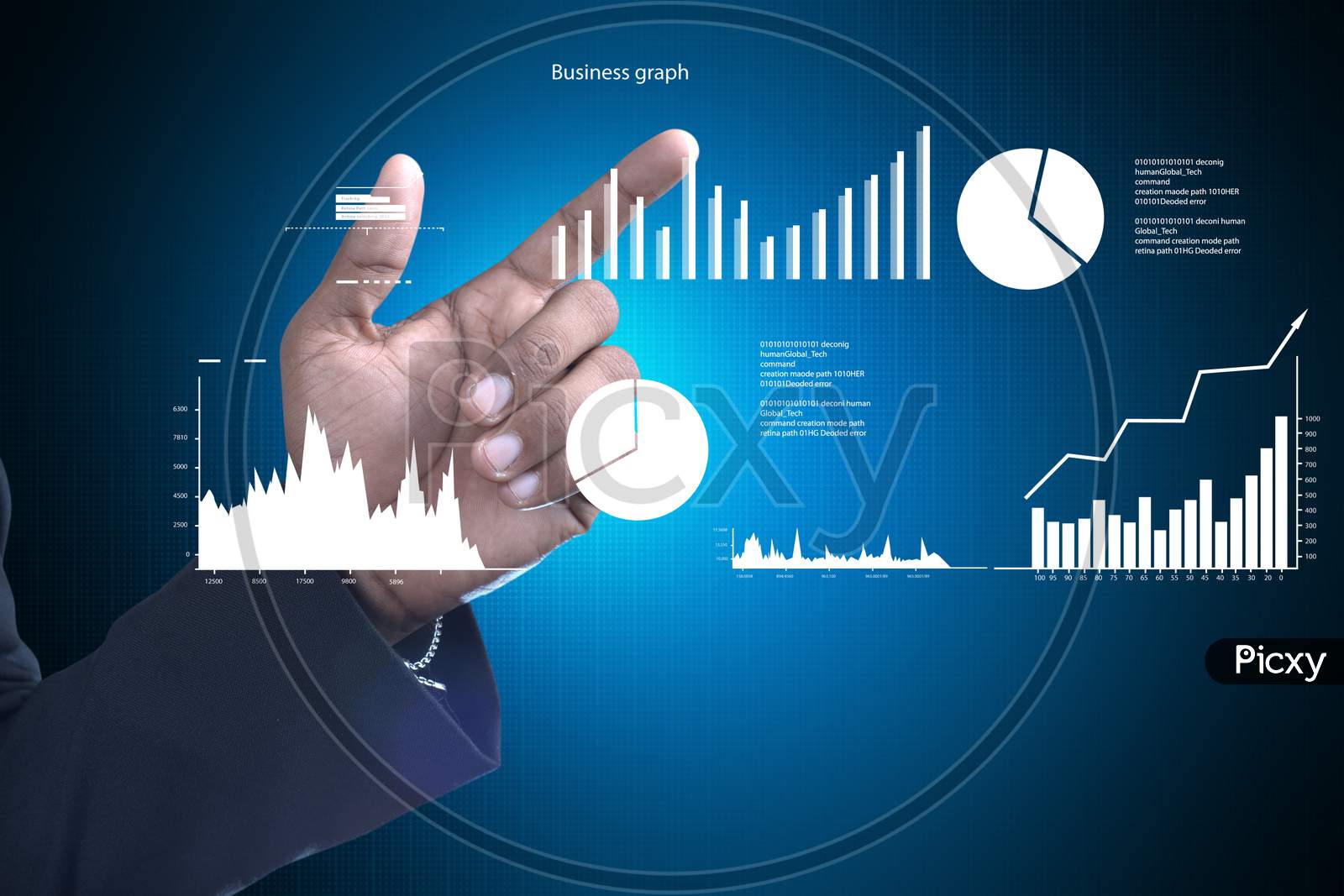 Close up shot of a Person's Hands pointing towards Growth Bars and Pie Charts