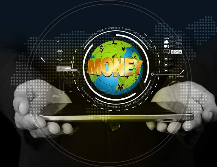 Close up shot of a Person's Hands Holding a Tablet or iPad with Money Texted Globe