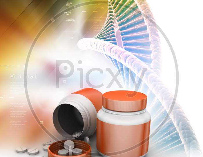 Medicine And Bottle With Dna In Color Back Ground