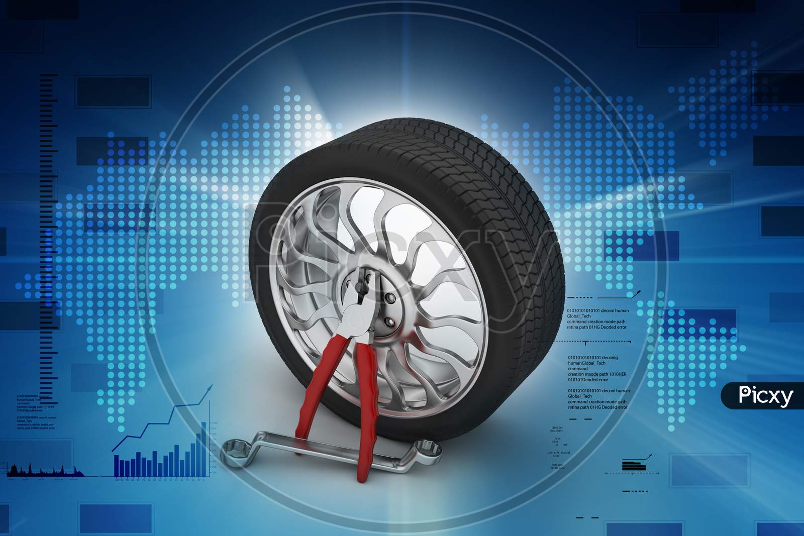 A 3D Render Of A Tyre With Repair Equipment