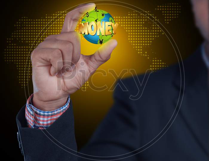 Close up shot of a Person holding a Money texted Globe