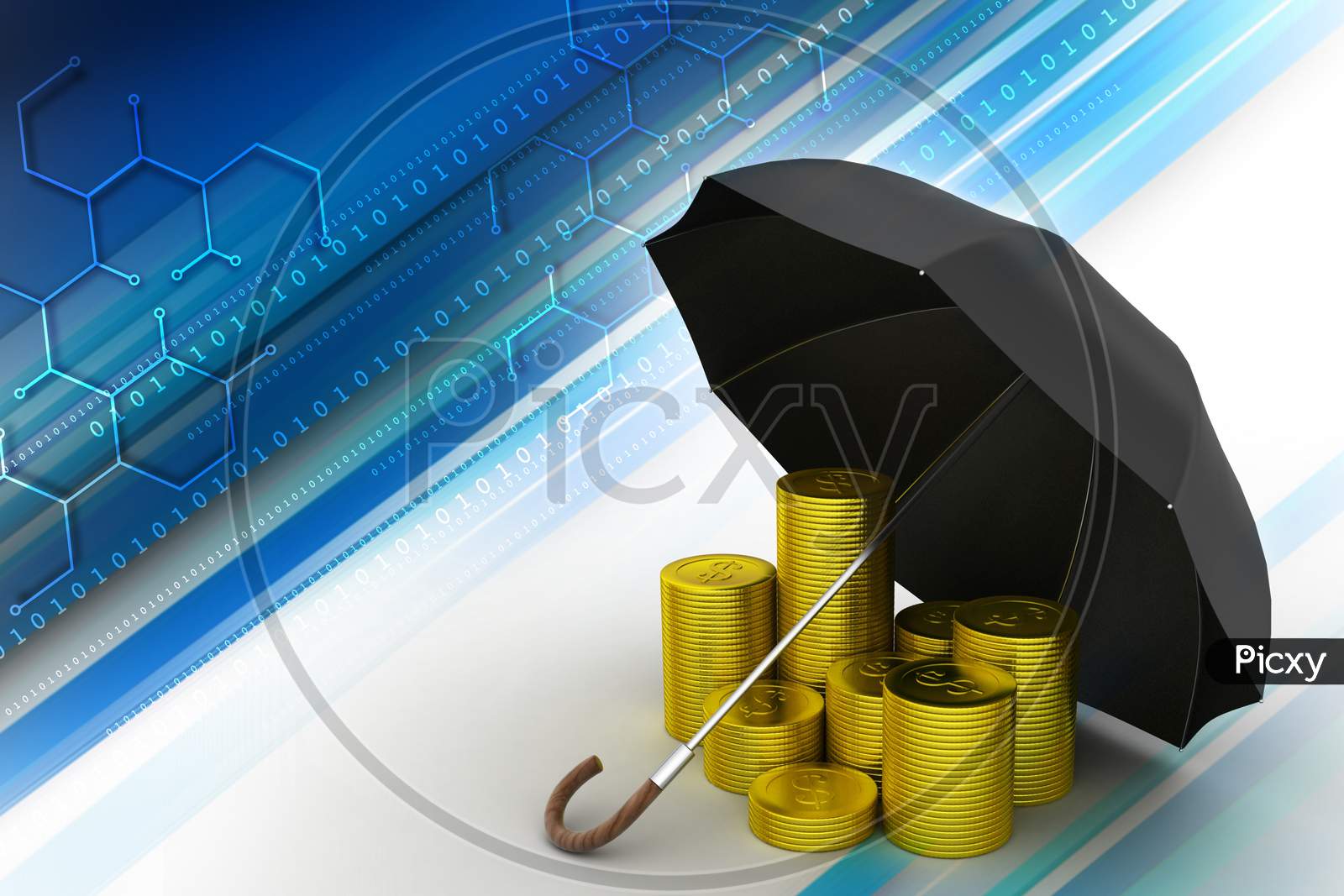 Gold Coin With Umbrella In Color Background