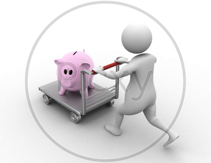 3d man with a shopping trolley and pink piggy