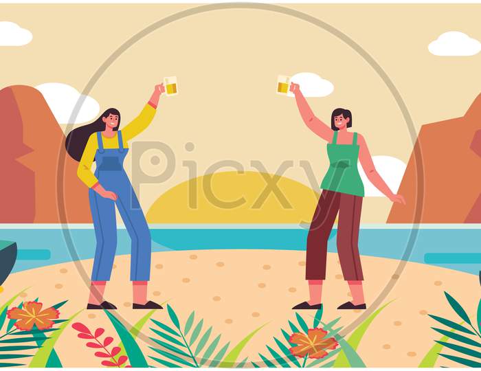 Girls Are Enjoying Party At The Beach