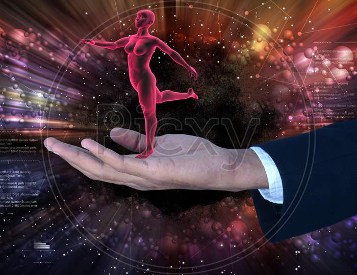 3D Woman With Yoga Steps In The Man Hand
