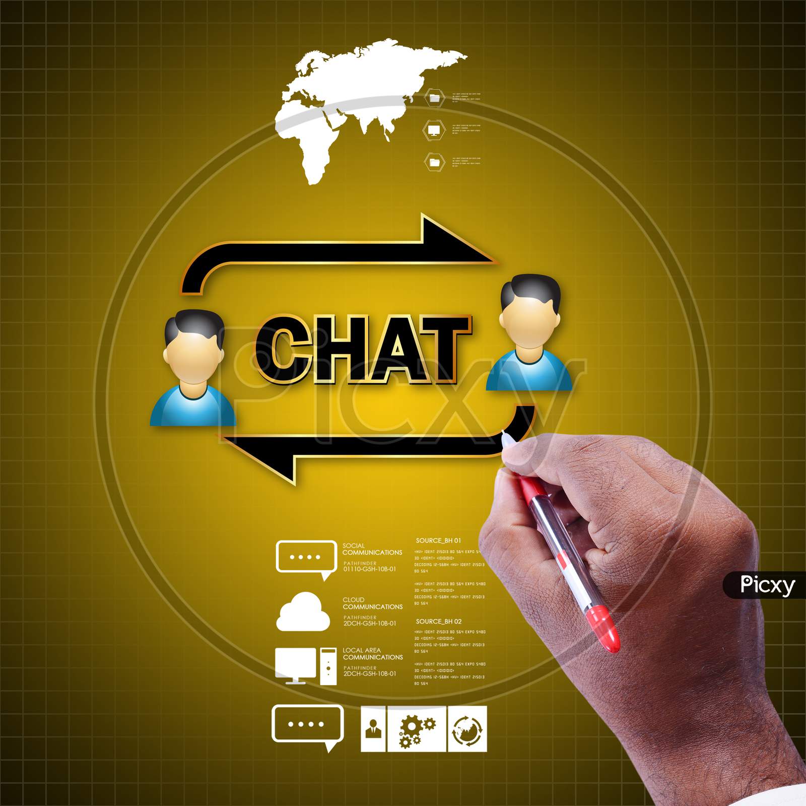 Close up shot of Person's Hand pointing towards a Chat or Conversation