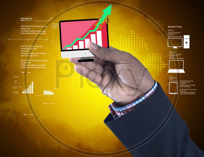 Man Showing Successive Graph In Color Background