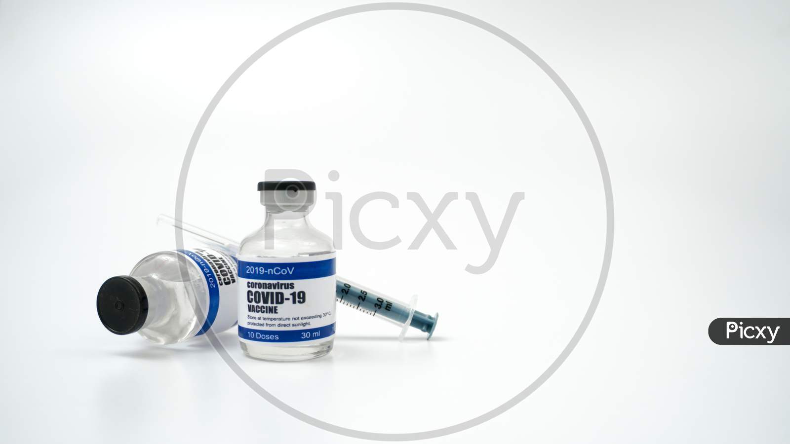 Covid-19 Corona Virus 2019-Ncov Vaccine Vials Medicine Drug Bottles Syringe Injection. Vaccination, Immunization, Treatment To Cure Covid 19 Corona Virus Infection. Healthcare And Medical Concept.