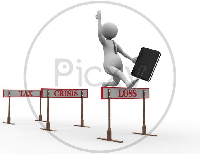 3D Man Jumping Over A Hurdle Obstacle Titled Tax, Crisis, Loss