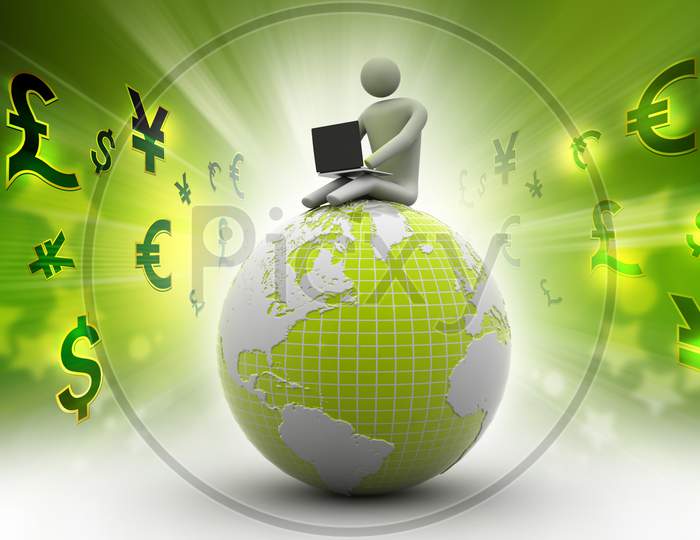 A 3D Man using Laptop by sitting on a Globe