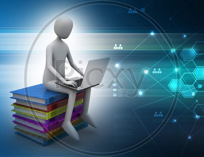 Man Sitting On Top Of Books While Using Laptop In Color Background