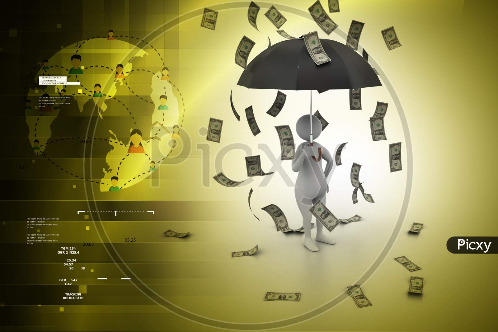 3D Man And Umbrella In Money Rain
