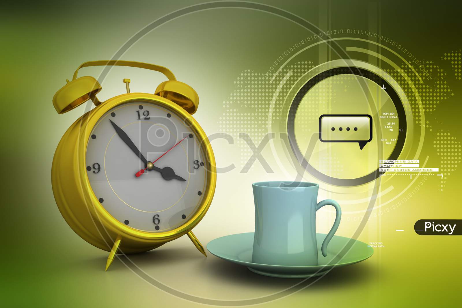 A 3D Rendered Clock with cup and saucer