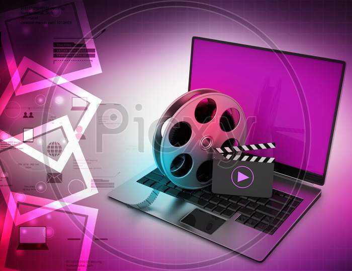 Laptop With Reel Wheel And Clap Board In Color Background