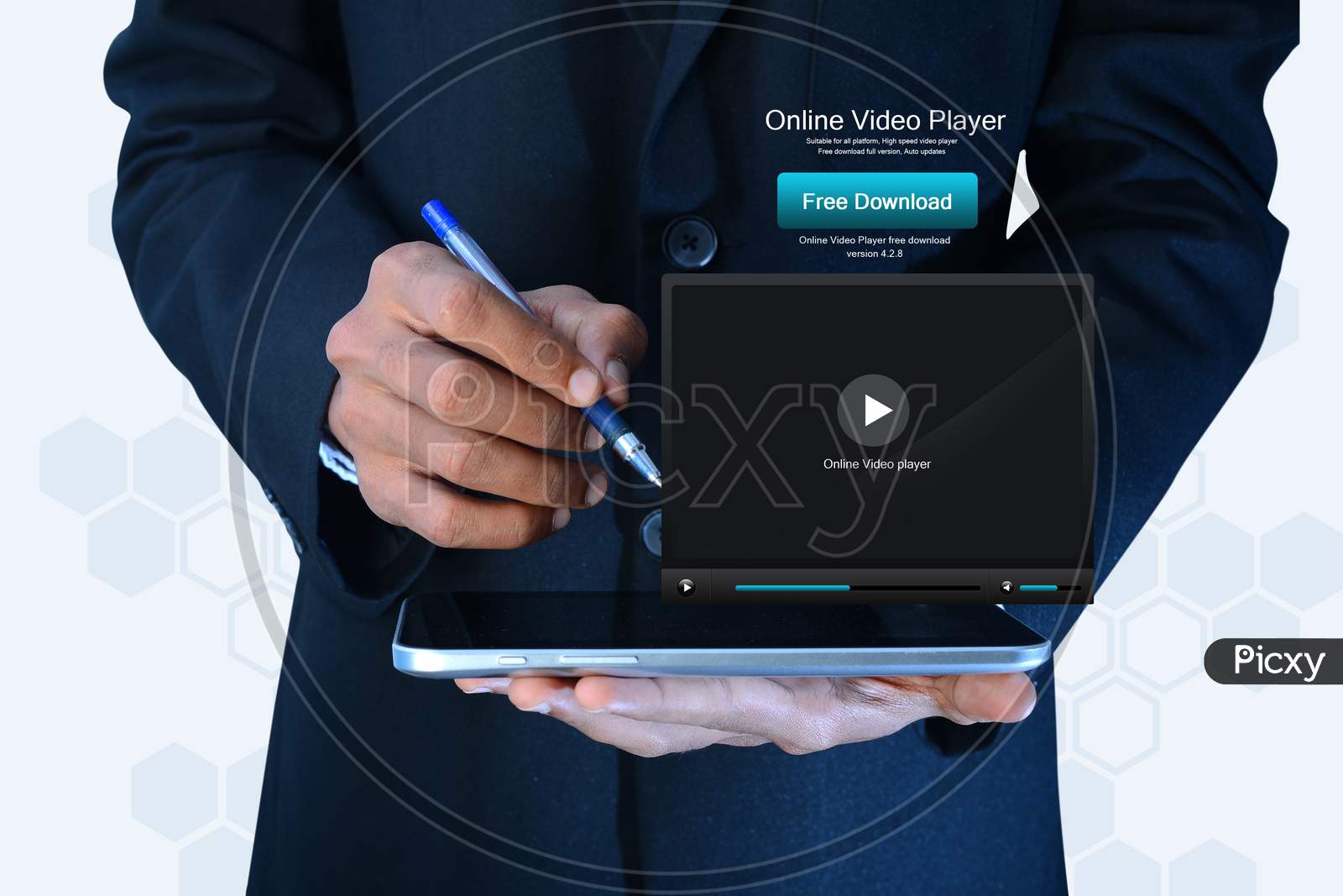 Business Man Showing Play Button On Tablet