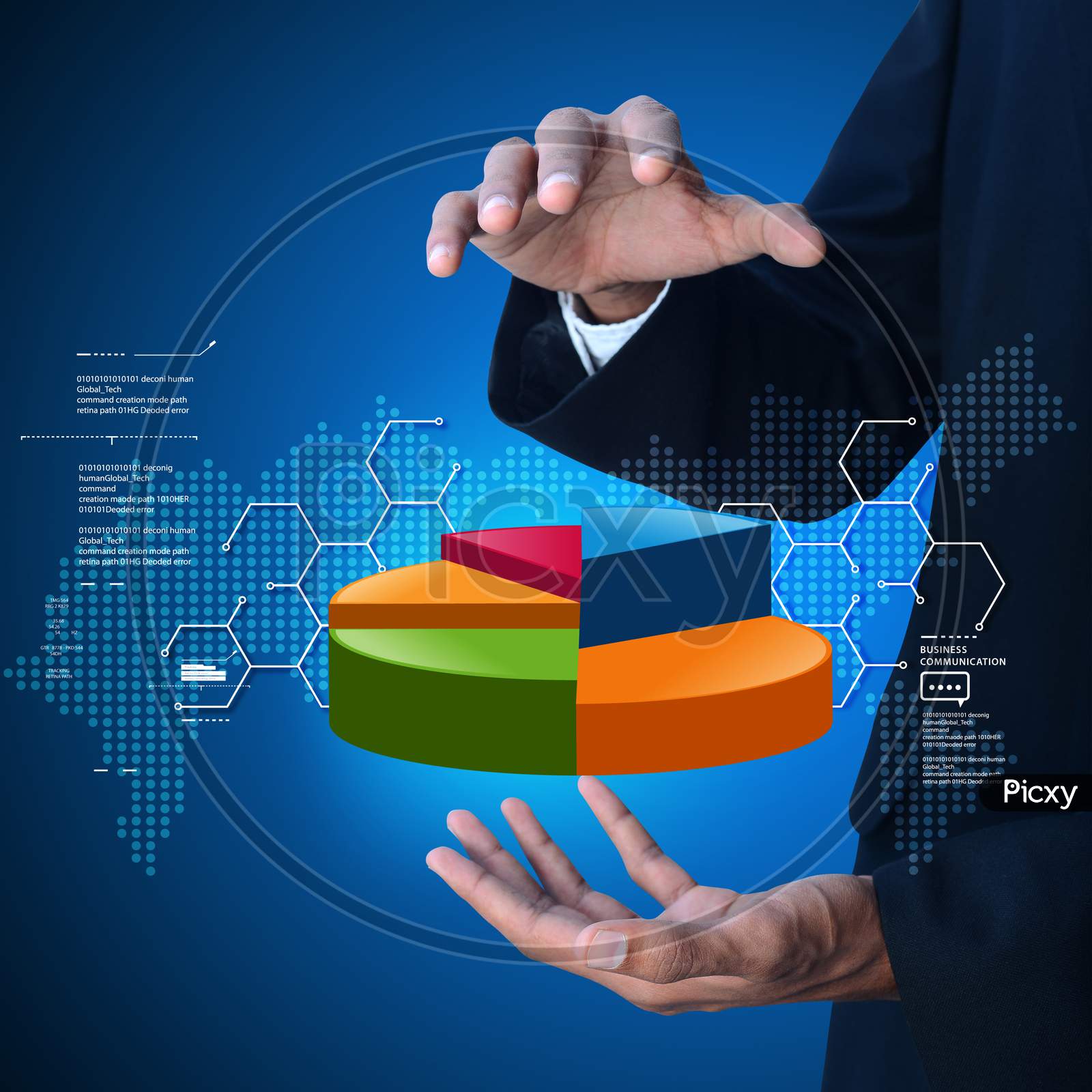 Business Man Showing Pie Chart In Color Background