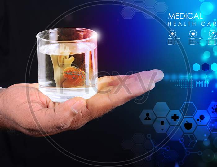 Man Is Holding A  Heart In Glass Of Water