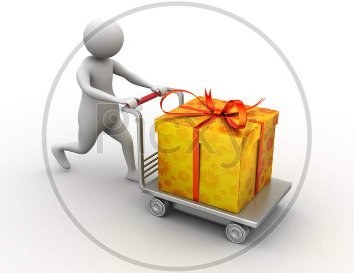 3d man pushing a gift box in the cart